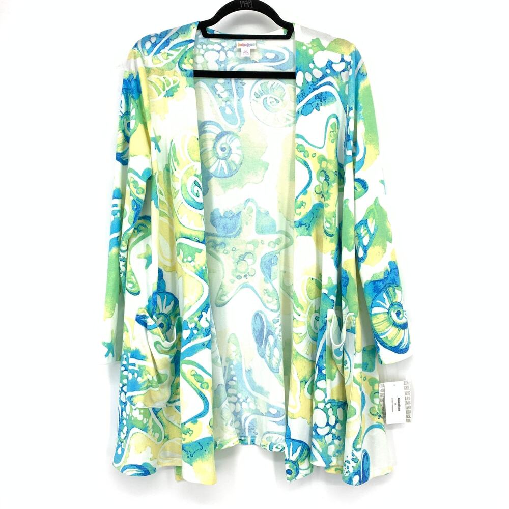 Lularoe Caroline Cardigan Sweater Womens Size Medium Blue Yellow Shell Print NEW